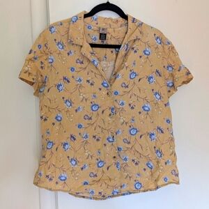 100% Linen Rafaella Floral Button Down Short Sleeve Blouse